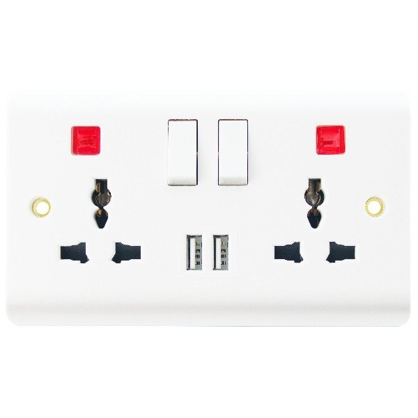 13A 2 GANG SWITCHED MULTI FUNCTION SOCKET + NEON WITH USB