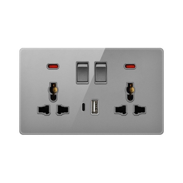 SWITCHED DOUBLE 3PIN UNIVERSAL SOCKET USB & TYPE C-GLASS GRAY