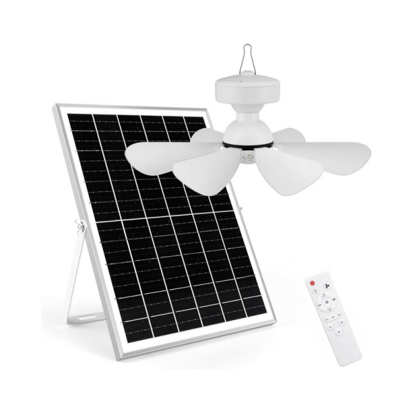 SOLAR CEILING FAN, 25W SOLAR POWERED RECHARGEABLE CEILING FAN WITH LIGHT, 32WH/10000MAH BATTERY BACKUP, REMOTE CONTROL