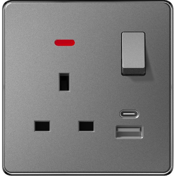 13A 1 GANG SWITCH + SOCKET USB & TYPE-C WITH NEON - GRAY
