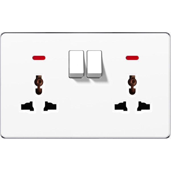 SWITCHED DOUBLE 3 PIN UNIVERSAL SOCKET WITH NEON - WHITE