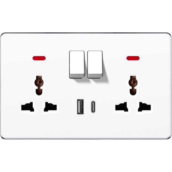 SWITCHED DOUBLE 3 PIN UNIVERSAL SOCKET USB & TYPE-C - WHITE