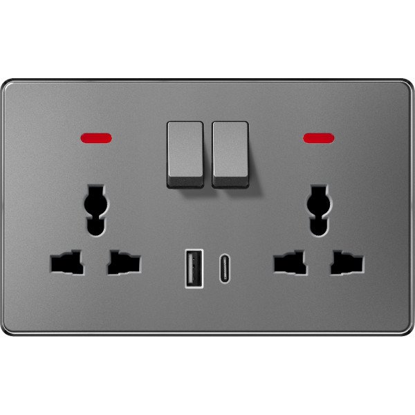 SWITCHED DOUBLE 3 PIN UNIVERSAL SOCKET USB & TYPE-C - GRAY