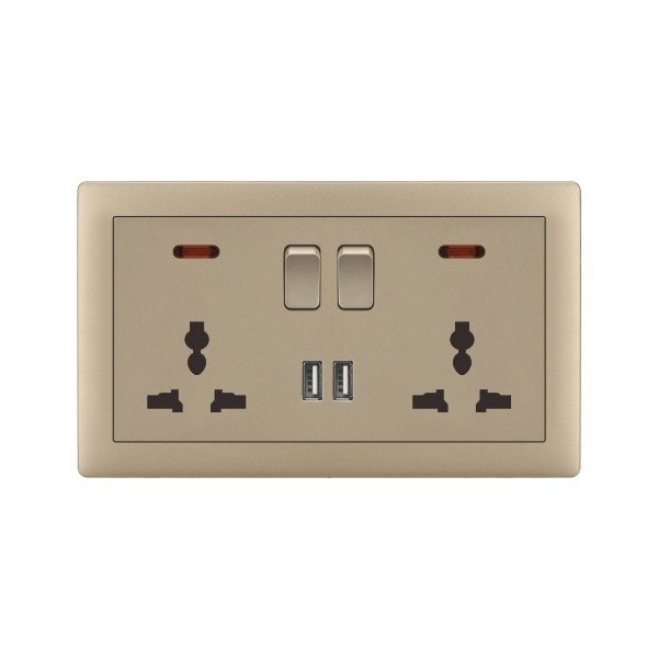 DOUBLE MF SWITCHED SOCKET WITH 2 USB-MATTE GOLDEN SERIES